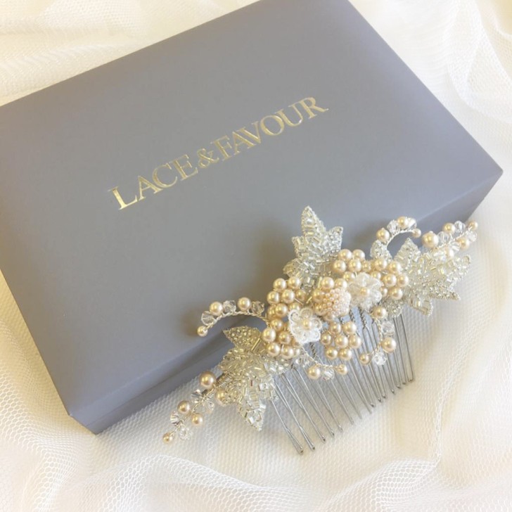 Elouise Beaded Leaves and Champagne Pearl Vintage Inspired Hair Comb