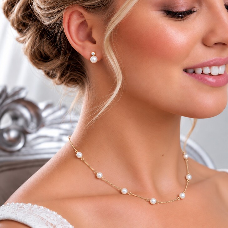 Evie Gold Dainty Pearl Earring and Necklace Jewellery Set
