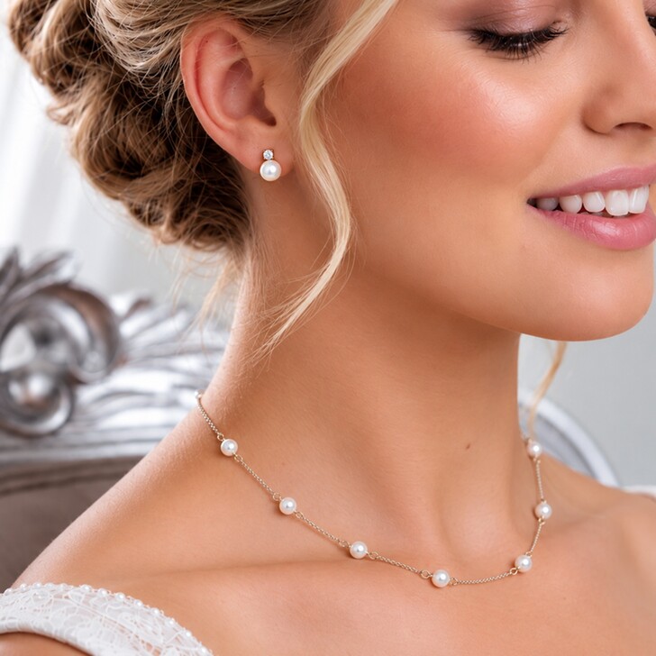 Evie Silver Dainty Pearl Earring and Necklace Jewellery Set
