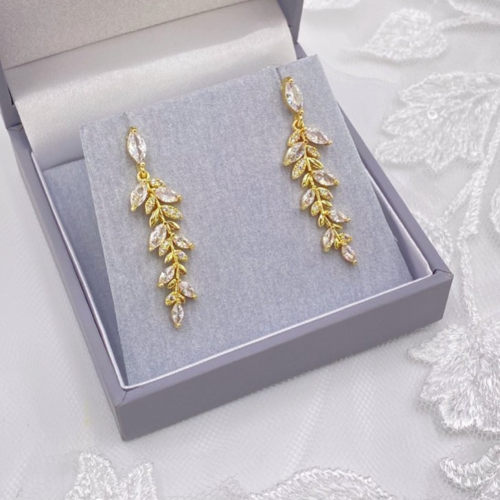 Fern Gold Sparkly Crystal Leaves Earrings