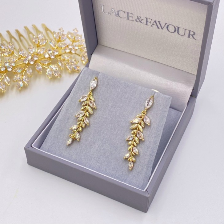 Fern Gold Sparkly Crystal Leaves Earrings
