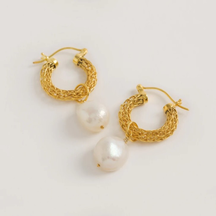 Freya Rose Gold Weave Mini Hoop Earrings with Baroque Pearls