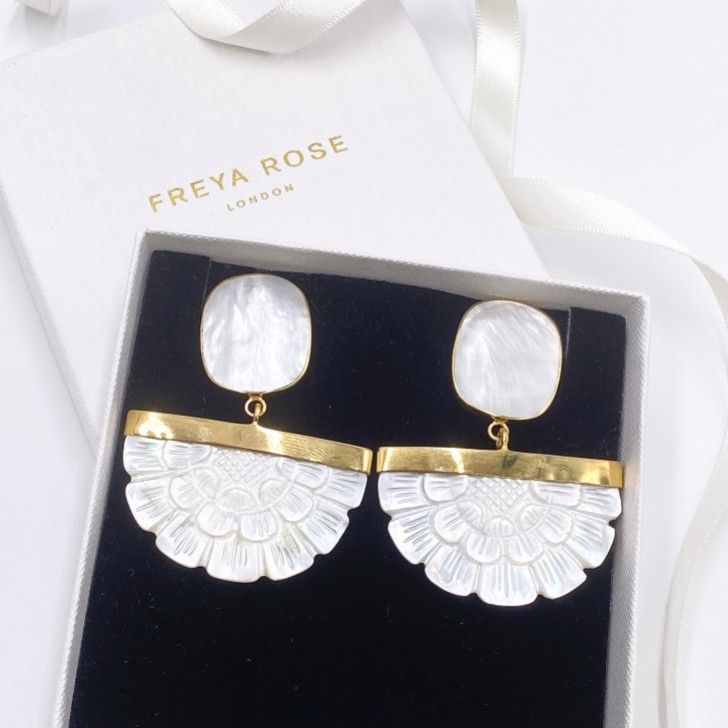 Freya Rose Gold Hand Carved Mother of Pearl Rose Fan Drop Earrings