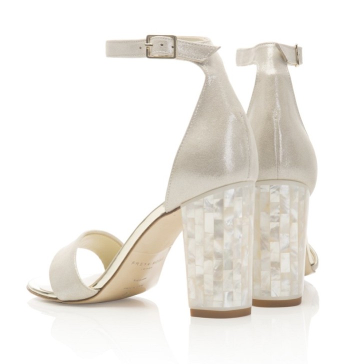 Freya Rose Martene Champagne Suede Mother of Pearl Block Heel Sandals