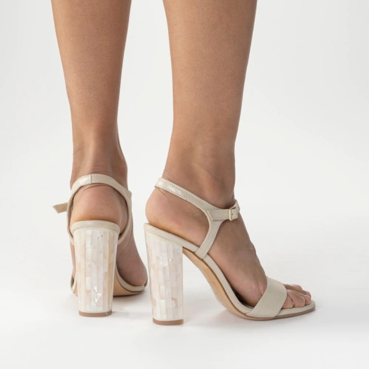 Freya Rose Martina Champagne Suede Mother of Pearl Block Heel Sandals