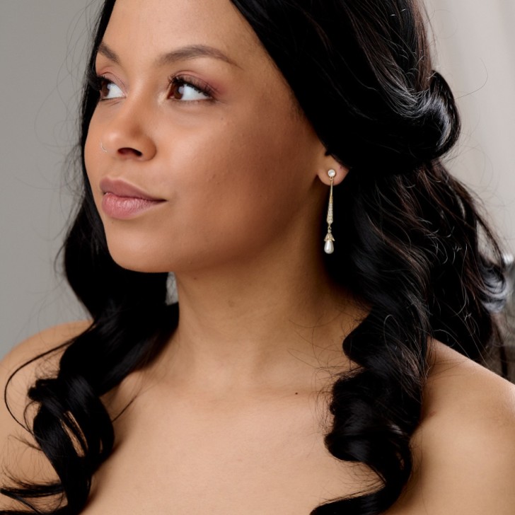 Geneva Long Pearl Drop Wedding Earrings (Gold)
