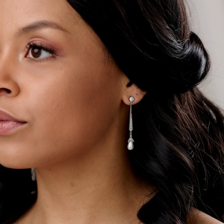 Geneva Long Pearl Drop Wedding Earrings (Silver)