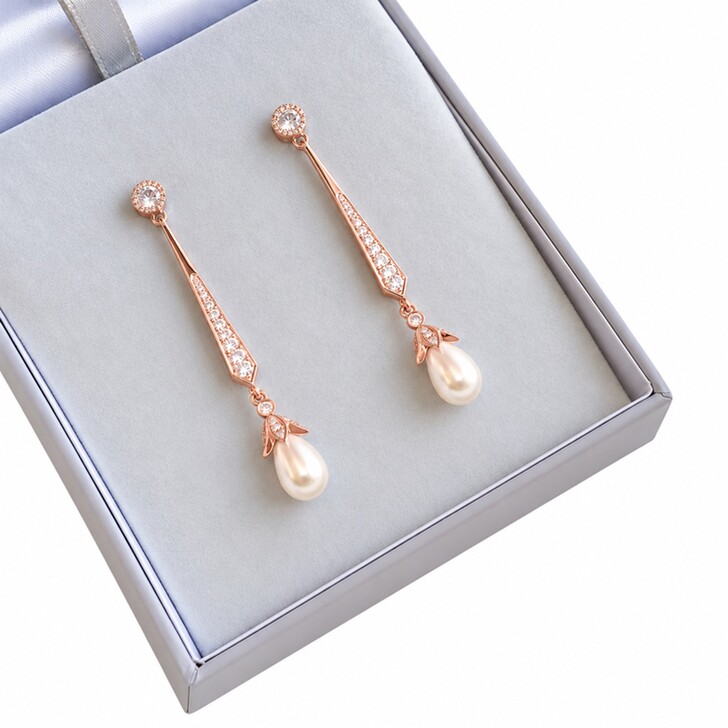 Brincos de noiva com pérolas compridas de Genebra (ouro rosa)