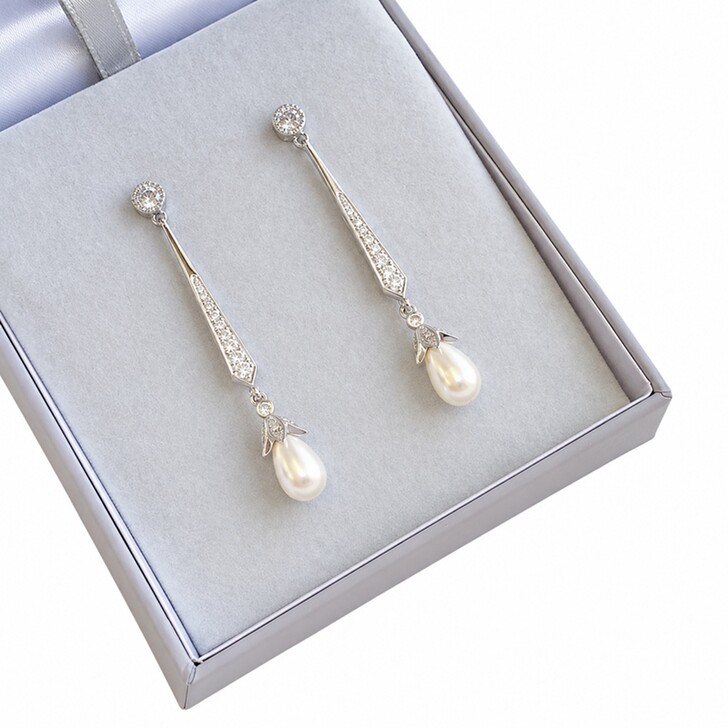 Geneva Long Pearl Drop Wedding Earrings (Silver)