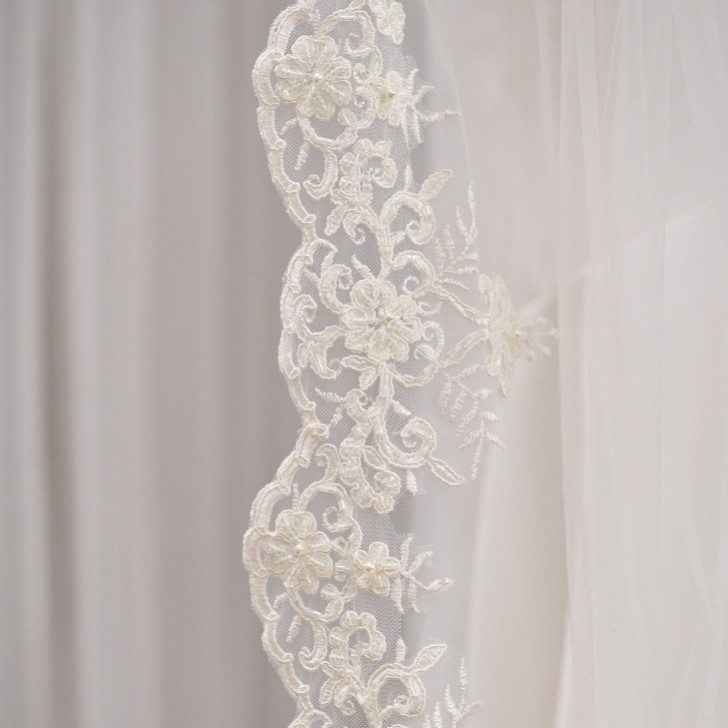 Harrogate Single Tier Italian Tulle Long Veil with Beaded Lace Edge