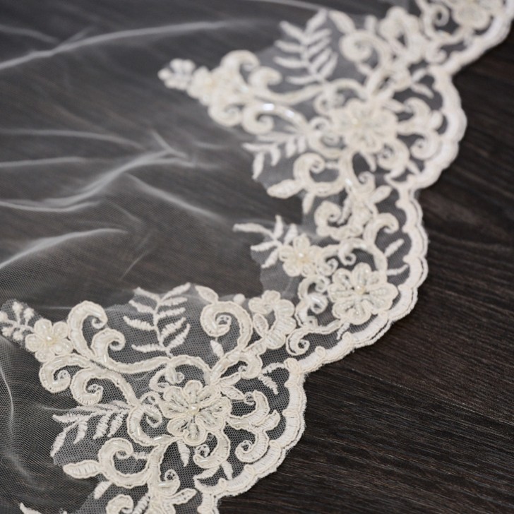 Harrogate Single Tier Italian Tulle Long Veil with Beaded Lace Edge