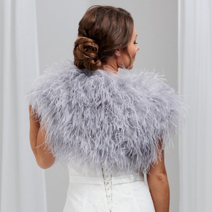 Hayworth Silver Gray Ostrich Feather Bridal Bolero