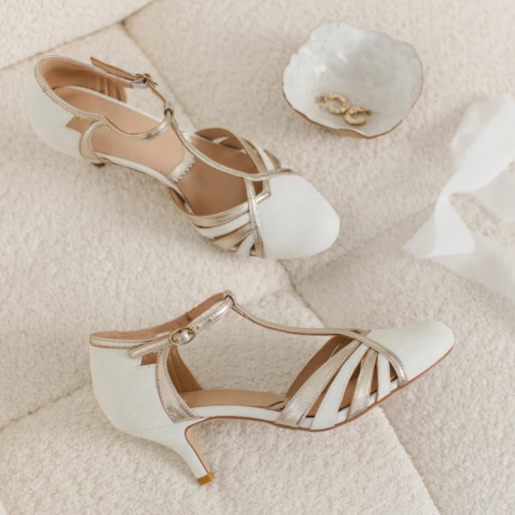 Rachel Simpson Rosie Ivory Suede Vintage Mid Heel T-Bar Shoes
