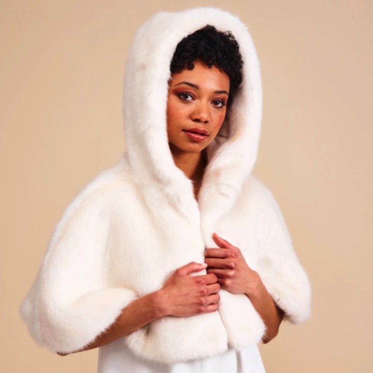 Helen Moore Ivory Faux Fur Short Hooded Bridal Cape