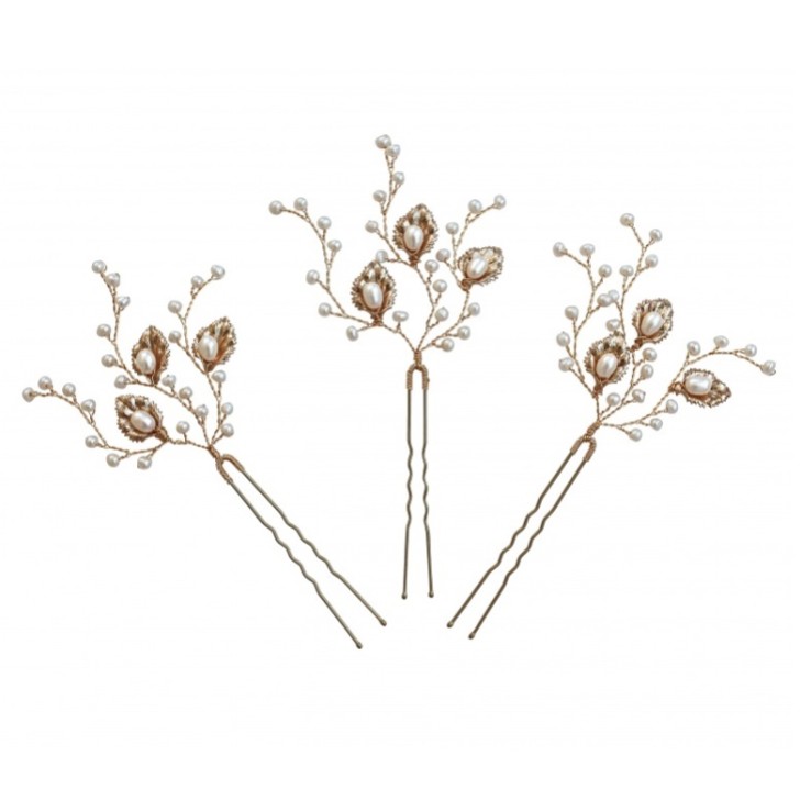 Hermione Harbutt Celeste Gold Leaves and Freshwater Pearl Hair Pin