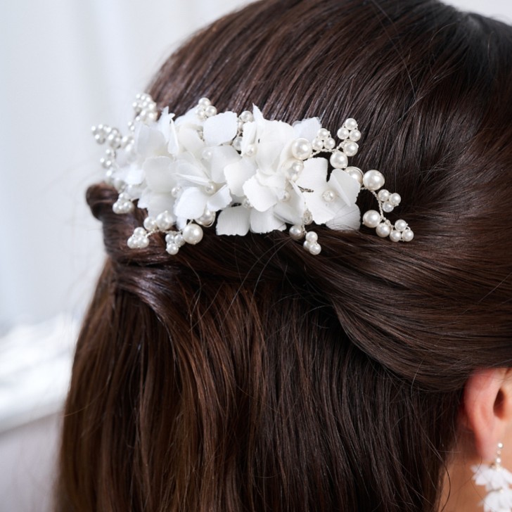 Hydrangea Ivory Fabric Flowers and Pearl Bridal Hair Comb