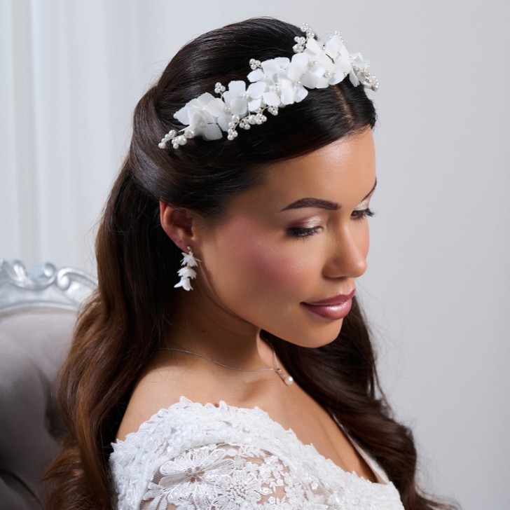 Hydrangea Ivory Fabric Flowers and Pearl Bridal Headband