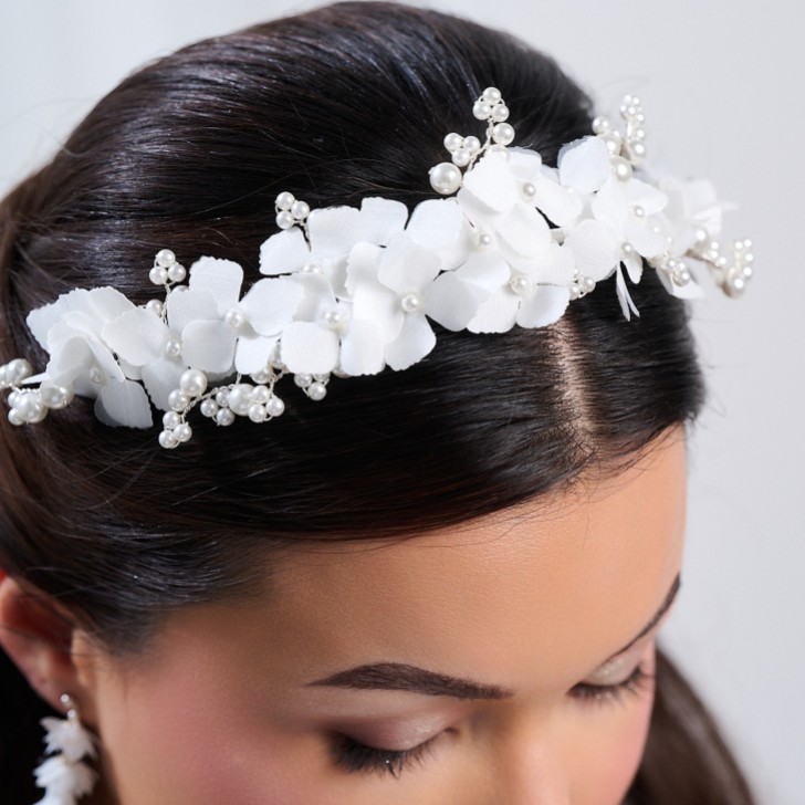 Hydrangea Ivory Fabric Flowers and Pearl Bridal Headband