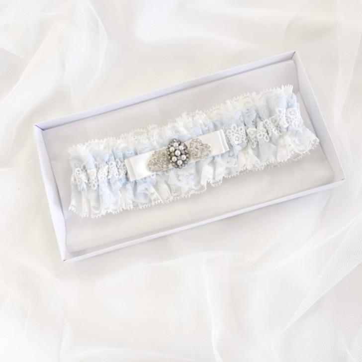 Infinity Blue and Ivory Lace Garter with Crystal Embellished Bow