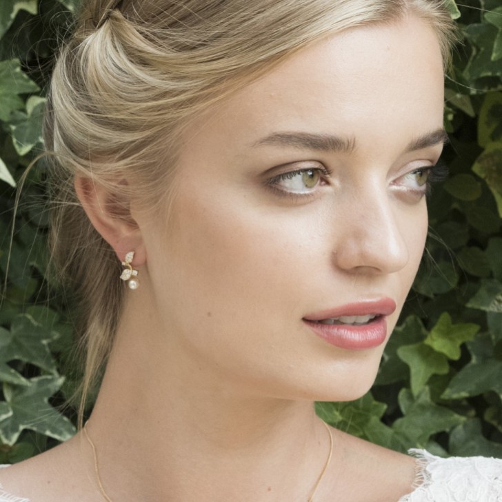 Ivory and Co Aphrodite Crystal Leaves and Pearl Wedding Earrings (Gold)