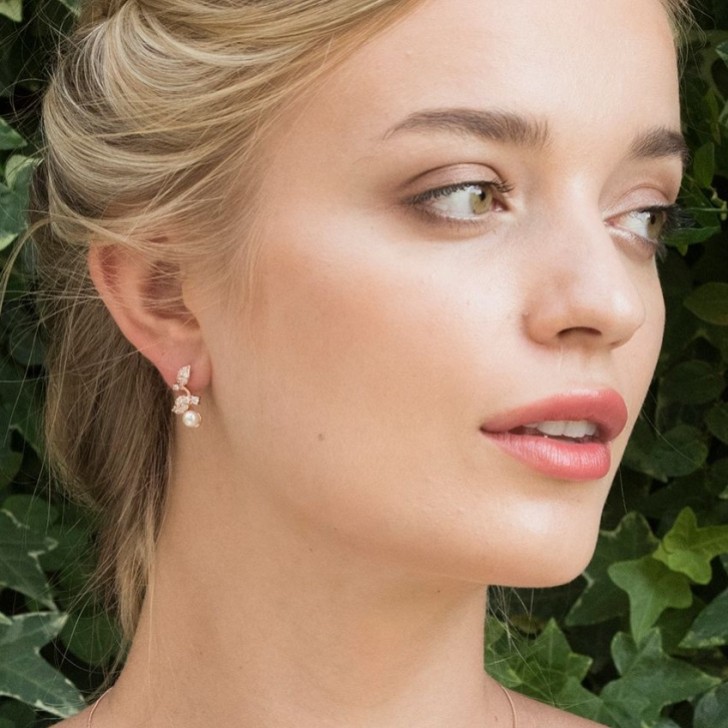 Ivory and Co Aphrodite Crystal Leaves and Pearl Wedding Earrings (Rose Gold)