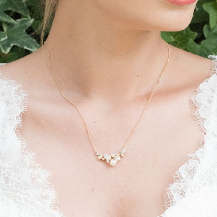Ivory and Co Aphrodite Crystal Leaves and Pearl Wedding Necklace (Gold)
