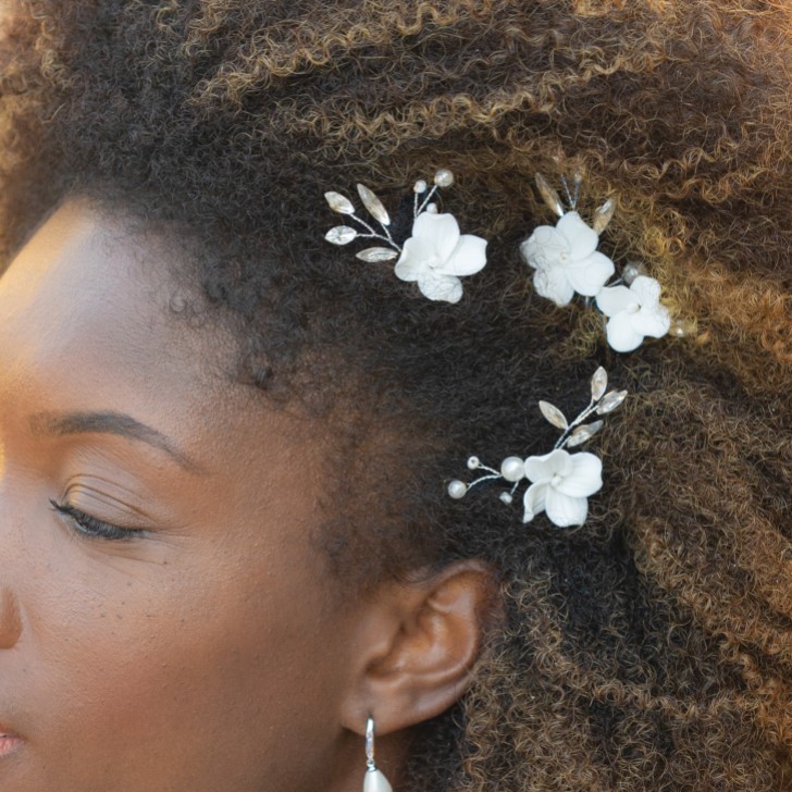 Ivory and Co Floret Silver Crystal and Pearl Flower Hair Pin Set