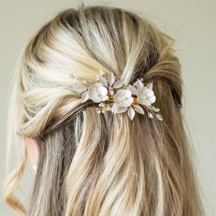 Ivory and Co Gardenia Gold Dainty Crystal and Pearl Floral Hair Clip
