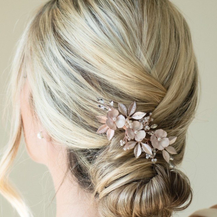 Ivory and Co Gardenia Rose Gold Dainty Crystal and Pearl Floral Hair Clip