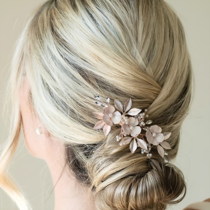 Ivory and Co Gardenia Rose Gold Dainty Crystal and Pearl Floral Hair Clip
