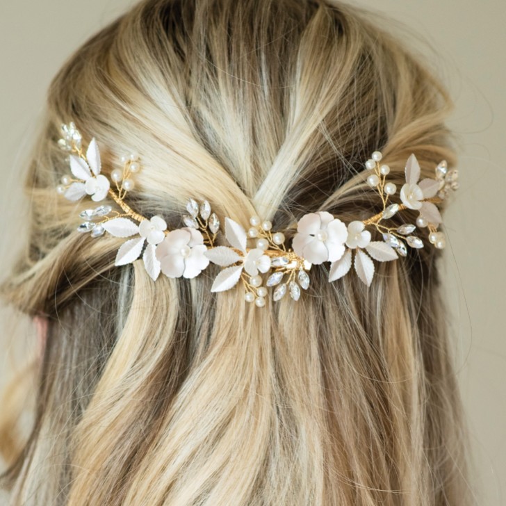 Ivory and Co Gold Bloom Crystal and Pearl Floral Crescent Hair Clip