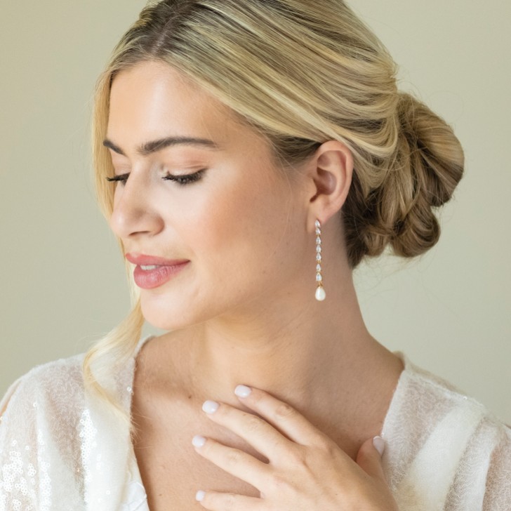 Ivory and Co Melbourne Gold Crystal Long Pearl Drop Earrings