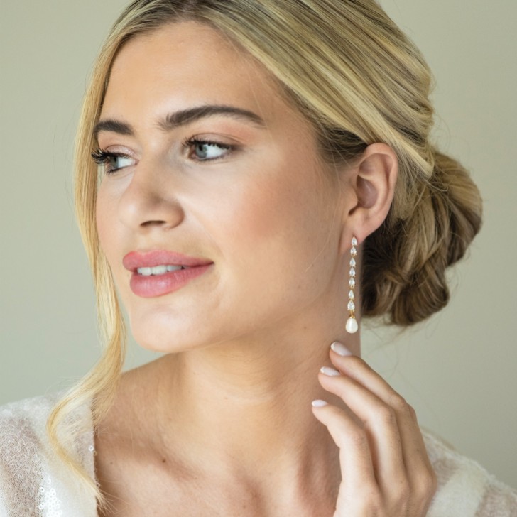 Ivory and Co Melbourne Gold Crystal Long Pearl Drop Earrings