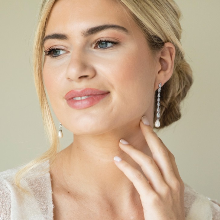 Ivory and Co Melbourne Silver Crystal Long Pearl Drop Earrings