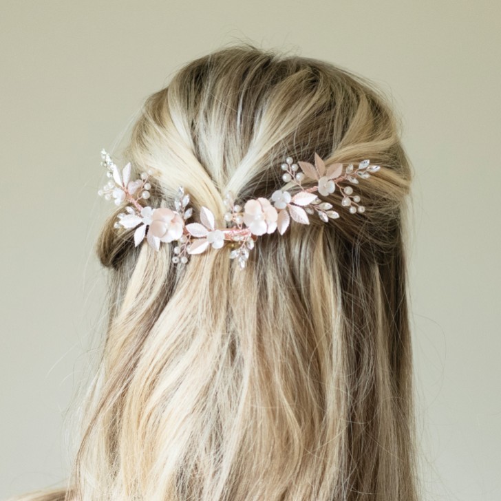 Ivory and Co Rose Gold Bloom Crystal and Pearl Floral Crescent Hair Clip