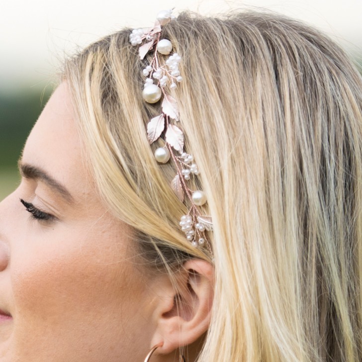 Ivory and Co Skylark Rose Gold Leaves and Pearl Hair Vine