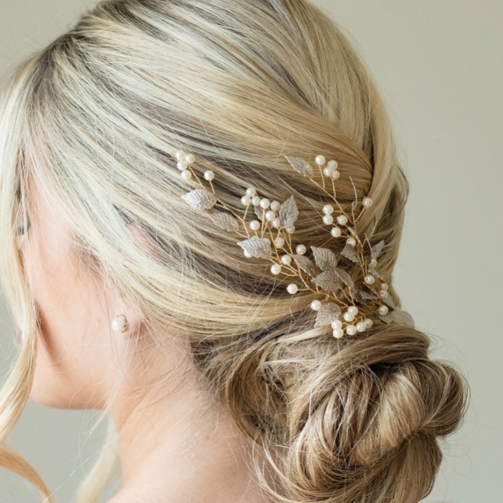 Ivory and Co Summer Breeze Gold Enamelled Leaf and Pearl Sprig Hair Clip