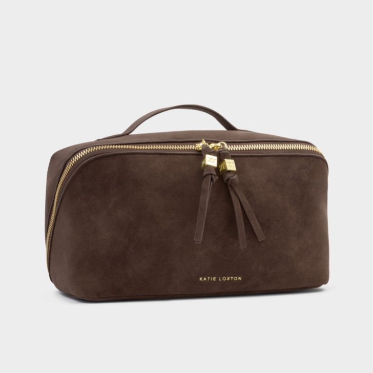 Katie Loxton Soho Large Chocolate Faux Suede Makeup and Wash Bag