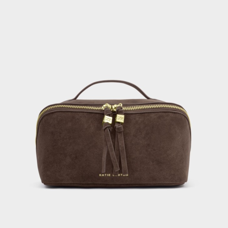 Katie Loxton Soho Medium Chocolate Faux Suede Makeup and Wash Bag