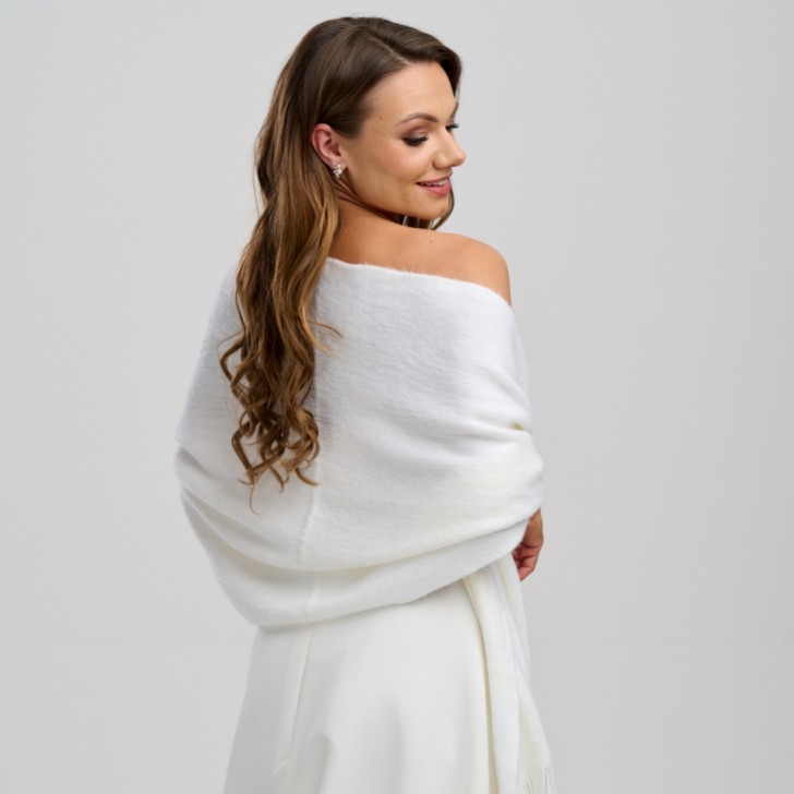 Katya Ivory Knitted Wedding Shawl with Fringe