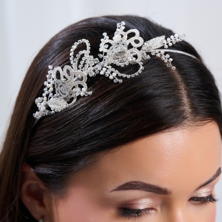 Leona Vintage Inspired Silver Lace and Crystal Side Headpiece