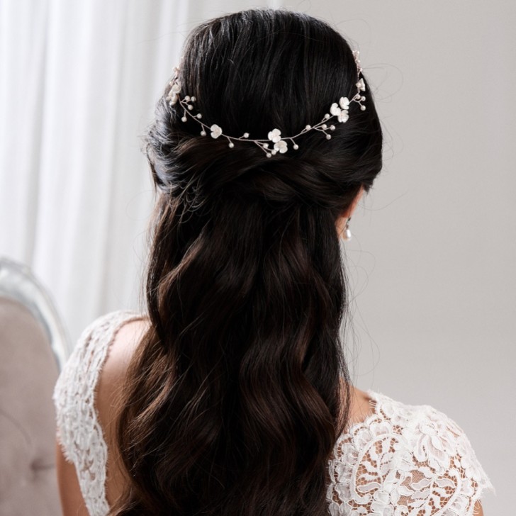Letisha Ivory Flowers and Pearl Sprigs Wedding Hair Vine (Rose Gold)