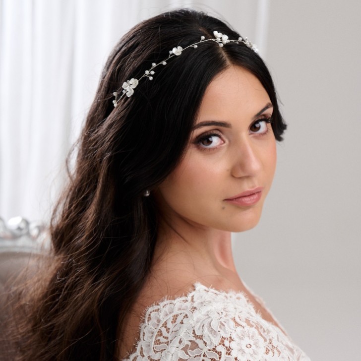 Letisha Ivory Flowers and Pearl Sprigs Wedding Hair Vine (Silver)