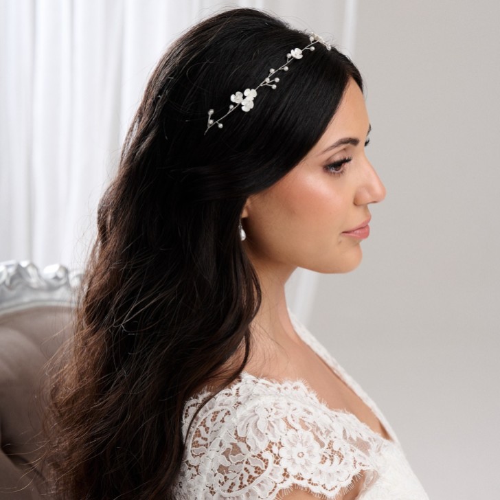Letisha Ivory Flowers and Pearl Sprigs Wedding Hair Vine (Silver)