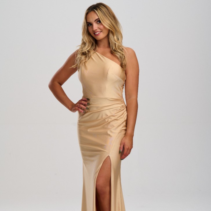 Linzi Jay Robe de bal de fin d'année asymétrique en satin stretch avec fente et traîne