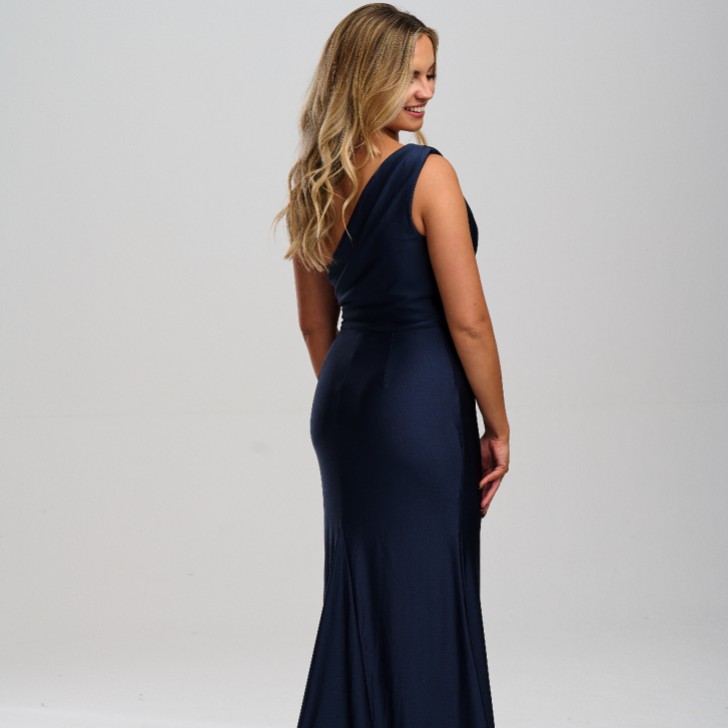 Linzi Jay One Shoulder Stretch Satin Prom Dress with Slit and Train