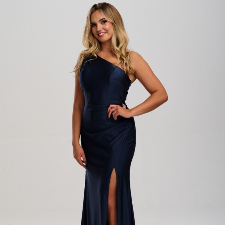 Linzi Jay One Shoulder Stretch Satin Prom Dress with Slit and Train