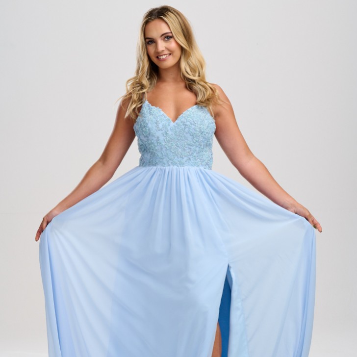Linzi Jay Pale Blue Beaded A Line Chiffon Prom Dress with Slit