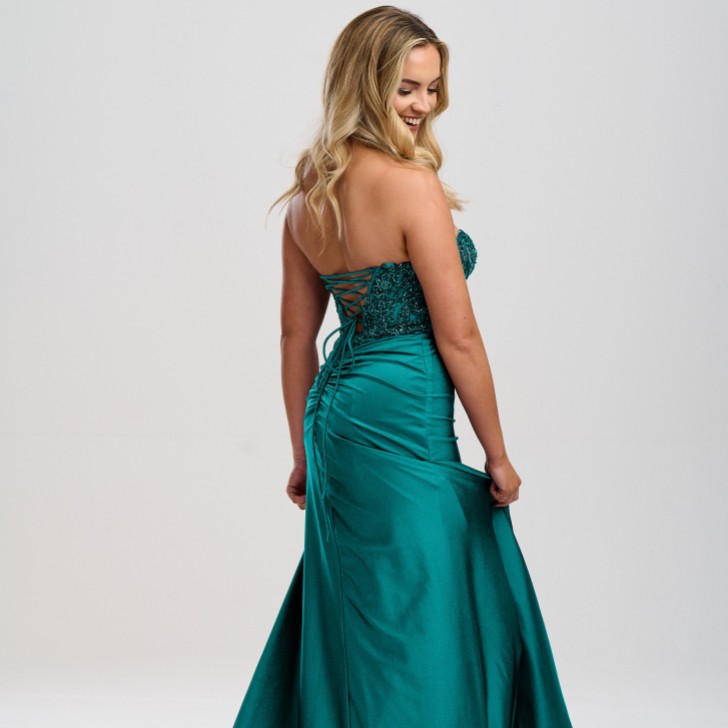 Linzi Jay Petrolfarbenes trägerloses Perlenkorsett-Abschlussballkleid mit Schlitz