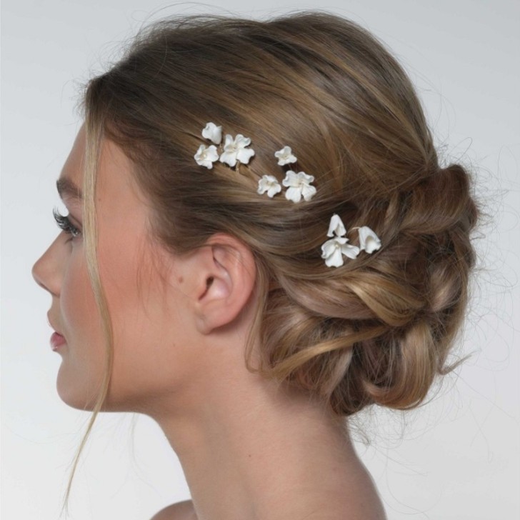 Camellia Set of 3 Ivory Porcelain Flower Gold Hair Pins